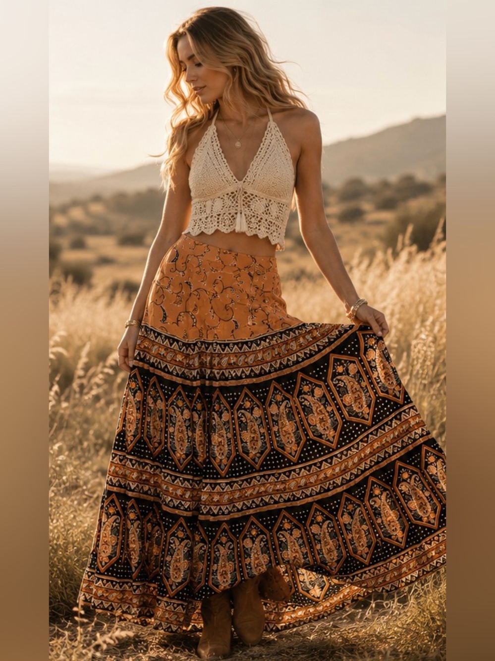 Arnhem Floral Bohemian Maxi Skirt Medium Black Orange Rayon Festival Gypsy Skirt